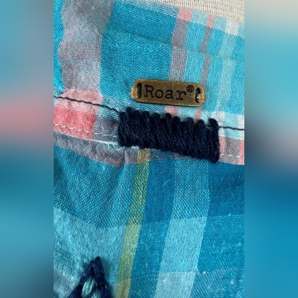 Roar Blue Plaid Button-Up Shirt with Embroidery And Riverts, Size M - Picture 13 of 13